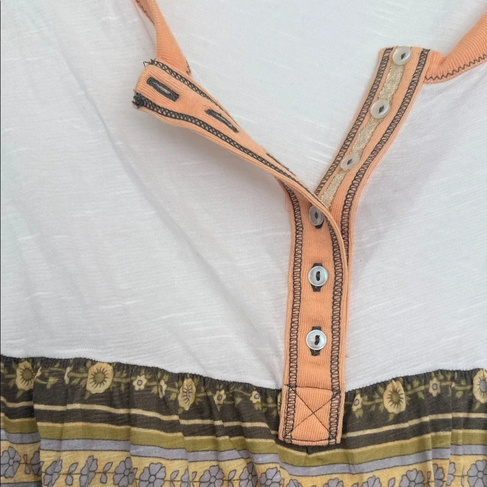 Free People Cream Scoop-Neck Blouse with Peach Trim & Olive Floral Hem - Picture 3 of 6